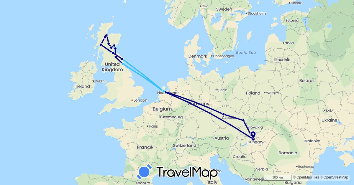 TravelMap itinerary: driving, boat in Czech Republic, United Kingdom, Hungary, Netherlands (Europe)